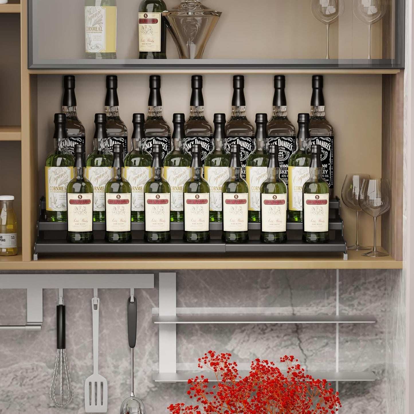 Expandable Spice Rack Storage organizer with 3-Tier step shelf for cabinet,seasoning racks organizion.Great for Kitchen countertop shelves,Pantry and more (1pack/Black)