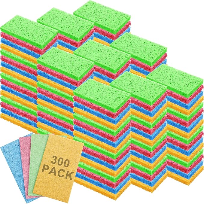 Zhengmy 300 Pieces Kitchen Sponge Bulk Natural Sponges for Dishes Compressed Wood Pulp Sponges Cleaning Sponge Without Scratching for Kitchen Bathroom, 3.9 x 2.4 x 0.12 Inch (Multicolor)
