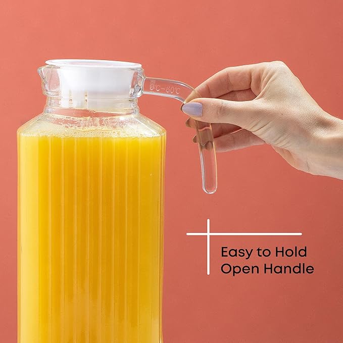 JoyJolt 60oz Glass Pitcher with Lid (2 Lids) - Beverage Serveware and Storage Container for Cold Drinks and Liquids. Juice Container, Water Jug, Fridge Pitcher for Iced Tea or Milk