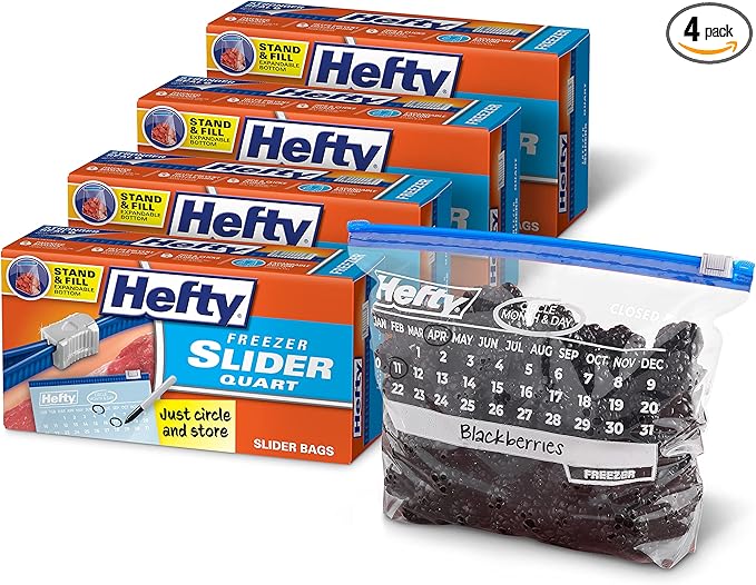 Hefty Calendar Slider Quart Freezer Bags, 1 Quart Slider Bags with Stand and Fill Expandable Bottoms, Helps Prevent Freezer Burn, 35 Count (Pack of 4)