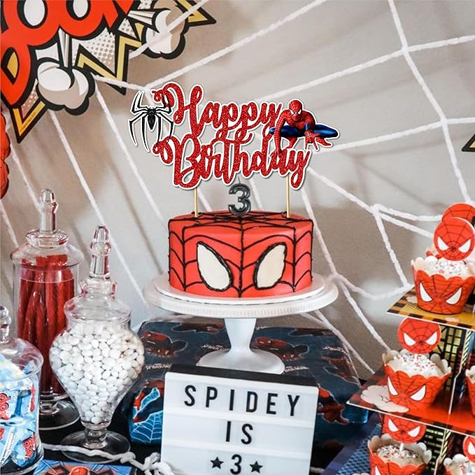 Spidrmn Happy Birthday Cake Topper – Superhero Cake Decoration for Boys, Party Supplies, Super hero-Themed Birthday, Spidr-Mn Party Accessory - Birthdays Decorations.