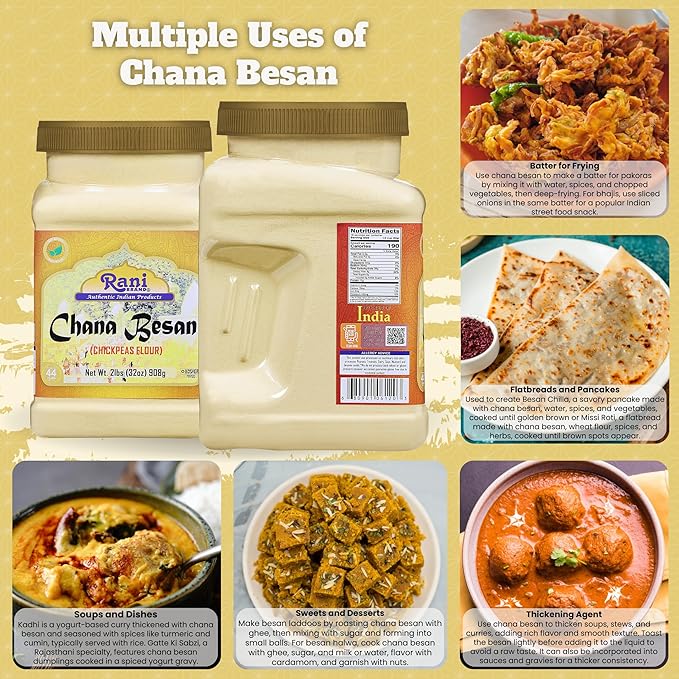 Rani Chana Besan (Chickpeas Flour, Gram) 32oz (2lbs) 908g PET Jar ~ All Natural | Vegan | Gluten Friendly | NON-GMO | Kosher | Indian Origin