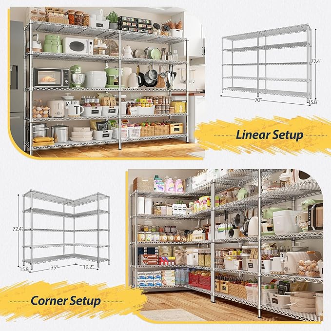 REIBII 70" W Wire Shelving Load 1500LBS, Metal Shelving 5-Tier Storage Shelves Metal Shelves for Storage Adjustable Shelving Rack for Pantry Kitchen Commercial School 70" W*15.8" D*72.4" H,Chrome