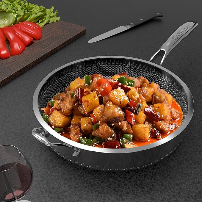 316L Stainless Steel 5QT Frying Pan Hexagon Nonstick Wok with Lid,Single Handle to Hold, PFOA Free, Dishwasher Oven Safe (12inch,5QT/Single Handle)