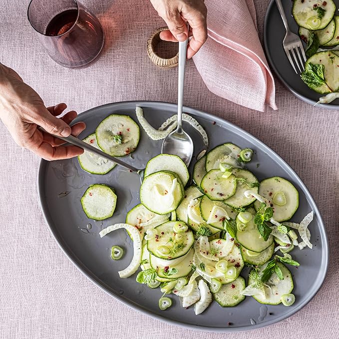over&back Stackable Stoneware Serving Platter - Elegant 1-Piece Oval Serving Platter to Complete Your Kitchen Set - Perfect for Appetizers, Desserts, and More - 16" L x 11" W - Semi-Matte Charcoal