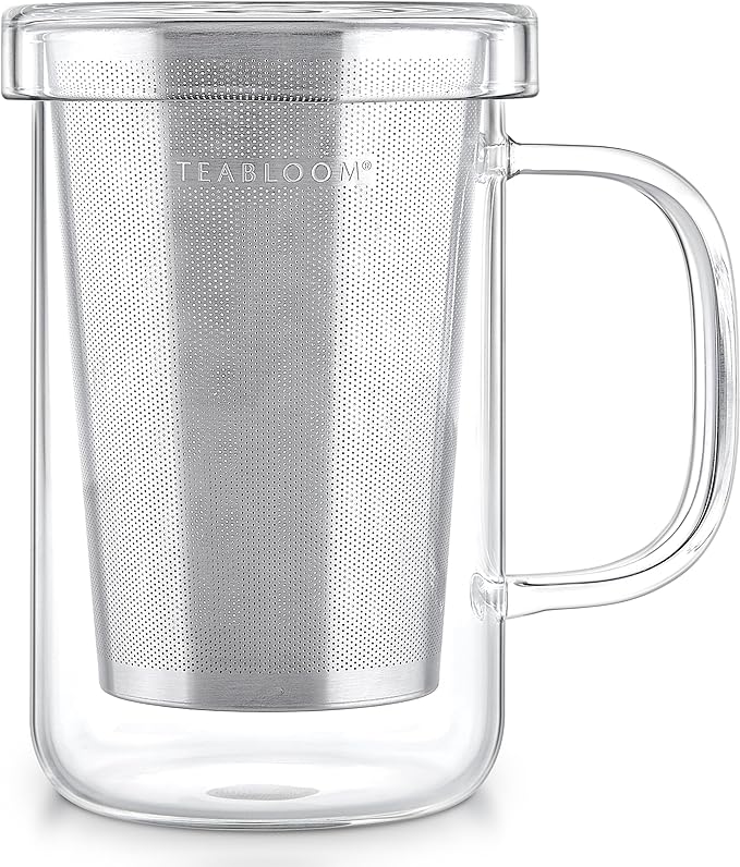 Teabloom Premium Borosilicate Glass Mug with Stainless Steel Loose Leaf Tea Infuser and Lid/Dish - 12 Ounces (350 mL)
