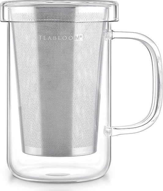 Teabloom Premium Borosilicate Glass Mug with Stainless Steel Loose Leaf Tea Infuser and Lid/Dish - 12 Ounces (350 mL)