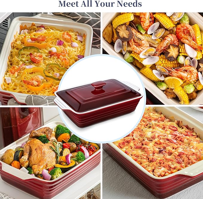 LOVECASA 4.5 Quart Ceramic Casserole Dish with Lid, 9x13 Baking Dish for Oven, Lasagna Pan Deep with Handles, Stoneware Bakeware, Oven & Dishwasher Safe, Gradient Red