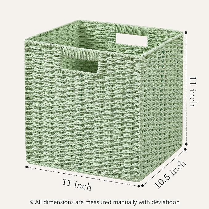 UBBCARE 3 Pack Wicker Basket, 11L×11H×10.5W inch Woven Paper Rope Storage Baskets for shelves, Foldable Cube Storage bin with Handle, Storage Basket for Organizing & Decor, Green