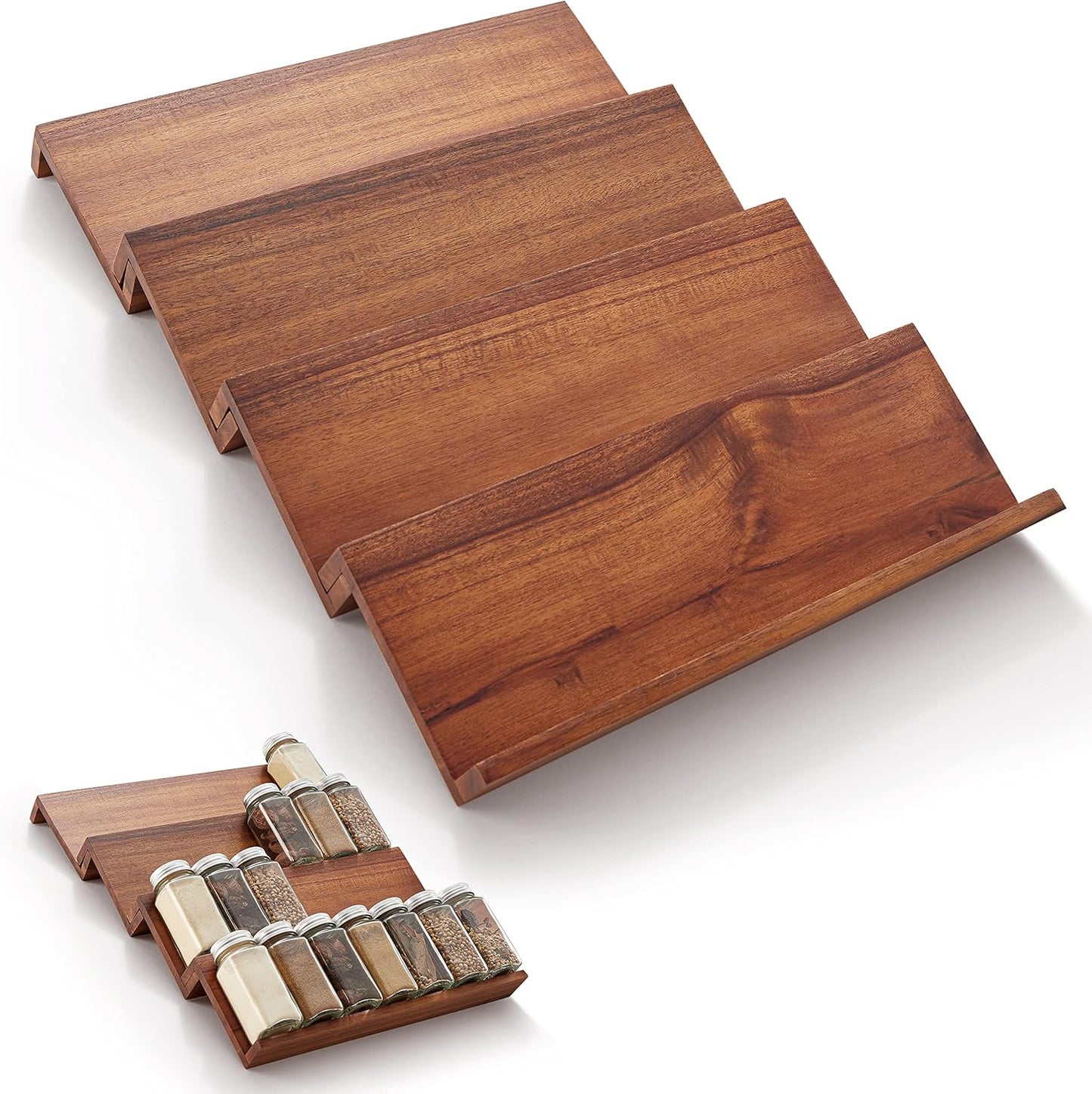 Tinamo Wood Spice Drawer Organizer - Acacia Wooden Tray Spice Racks Organizer for Cabinet Storage Shelf - 4 Tier Spice Rack for Drawer 32 Jars (Pack 4)