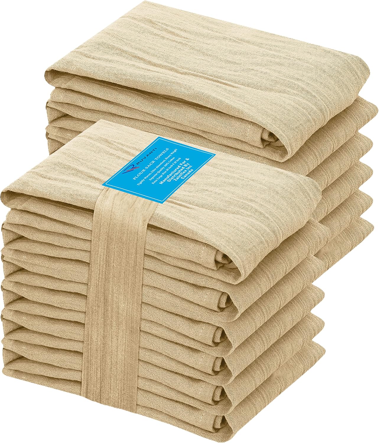 RUVANTI Flour Sack Towels 12 Pack 28 x 28 Inches, Ring Spun 100% Cotton Dish Towel, Machine Washable, Absorbent - Flour Sack Kitchen Towels for Drying and Cleaning - Camel