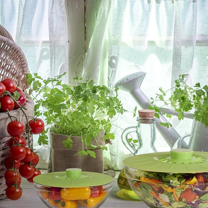 Silicone Bowl Lids Green Set of 5 Reusable Suction Seal Covers for Bowls, Pots, Cups. Food Safe. Natural grip, interlocking handles for easy use and storage.