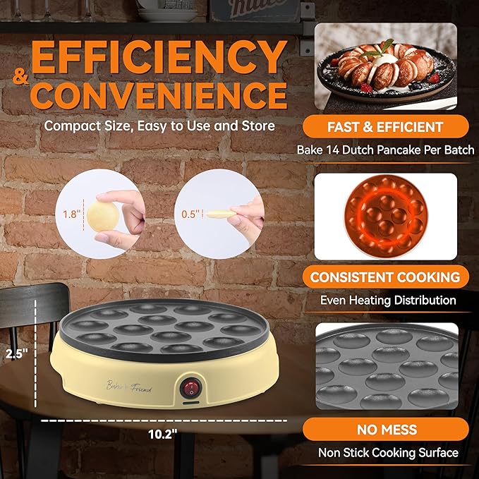 Baker's Friend Mini Pancakes Maker Machine, Dutch Mini Pancake Griddle, 14 Holes Electric Poffertjes Pan, Ideal for Breakfast, Snacks, Desserts & More, Yellow