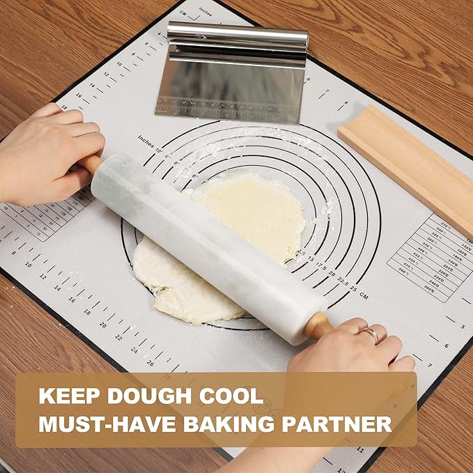 Koville African Natural Marble Rolling Pin, Non-Stick Polished Dough Roller, Pasta, Dumpling, Fondant, Pie Crust, Bread, Pizza Dough, Kitchen Baking Pastry Tools with Mat/Scraper（Namib Fantasy）