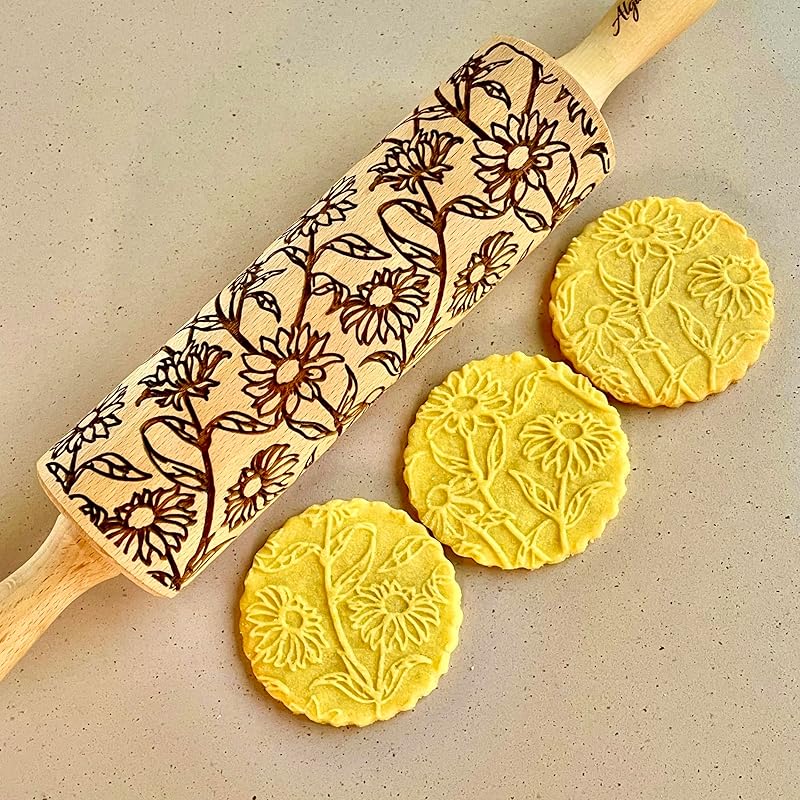 Embossing Rolling Pin GOLDEN DAISIES with Ornamental Bloom Pattern – Dough and Clay Roller for Embossed Cookies and Pottery - Cookie and Ceramic Stamp - Baking Gifts for Women by Algis Crafts