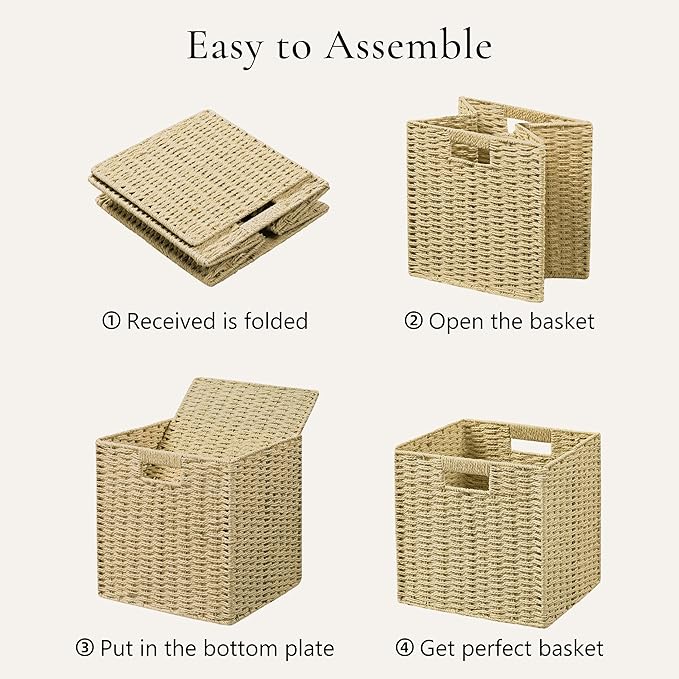 UBBCARE 3 Pack Wicker Basket, 11L×11H×10.5W inch Woven Paper Rope Storage Baskets for shelves, Foldable Cube Storage bin with Handle, Storage Basket for Organizing & Decor, Natural
