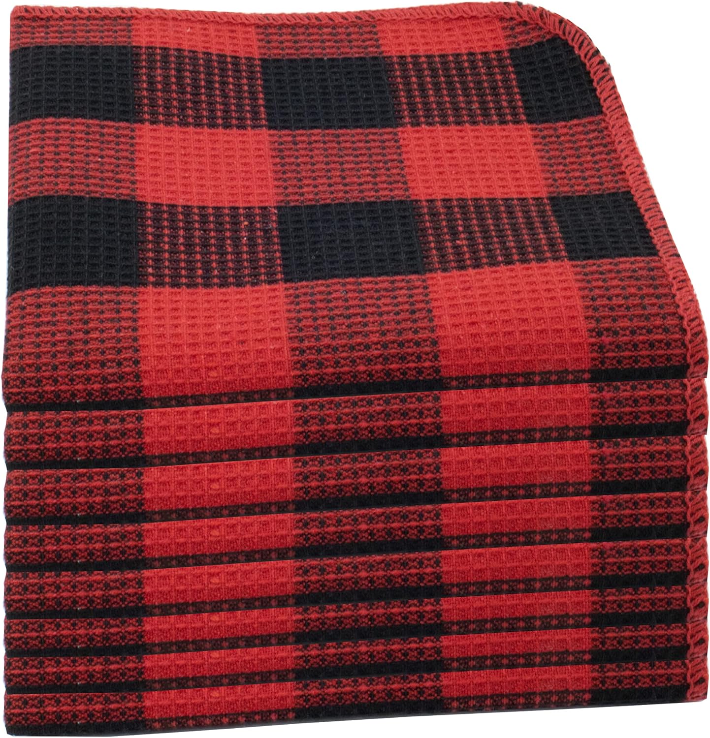 Waffle Weave Plaid Dish Cloths, 100% Cotton - 12 x 12 Inches, Ultra Soft Absorbent Quick Drying Dish Towels Buffalo Check Dish Rags for Kitchen, 8 Pack - Spring and Summer - Red & Black