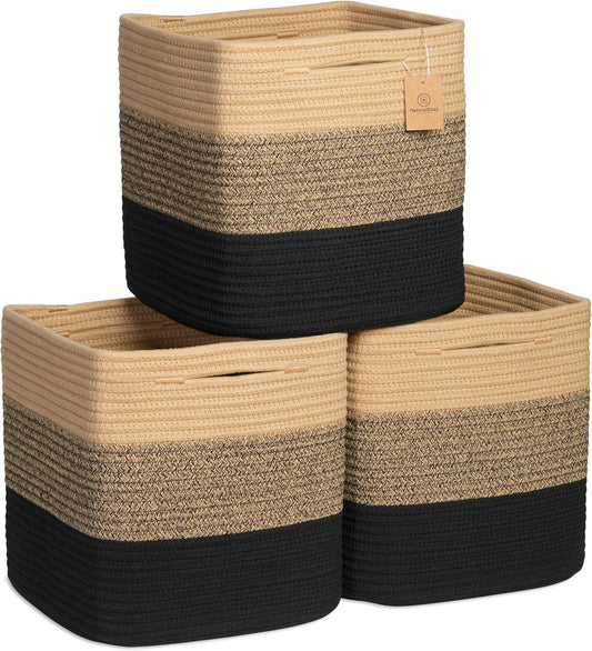 NaturalCozy Storage Cubes 11 Inch Cotton Rope Woven Baskets for Organizing, 3-Pack | Cube Storage Bin | Square Storage Baskets for Shelves Organizer, Classroom, Kids Toy Bins, Closet, Baby Nursery