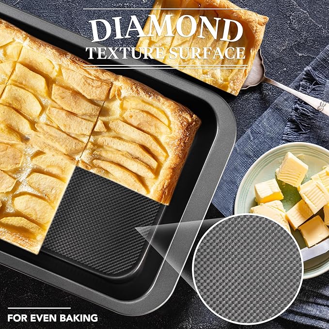 Cake Pan, Nonstick Baking Pan for Cake, Bread, Brownie or Lasagna, Heavy Duty Baking Dish with Diamond Texture Pattern and Wide Grips, Set of 2