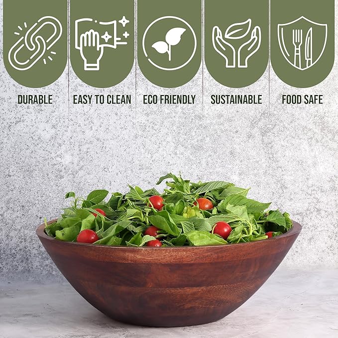 Luxe Designs Wooden Salad Bowl Set - Food Safe & Sustainable Decorative Bowl - Wood Bowl for Fruits, & Salads - Easy to Clean Large Salad Bowls Set w/Spoon, Fork – Wooden Bowls for Food (Dark Burnt)