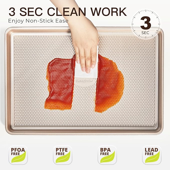 HONGBAKE Baking Sheet Pan Set of 3, Cookie Sheets for Oven, Nonstick Half/Quarter/Jelly Roll Pans with Diamond Texture Pattern, 0.8mm Thick Heavy Duty Cookie Tray, Champagne Gold