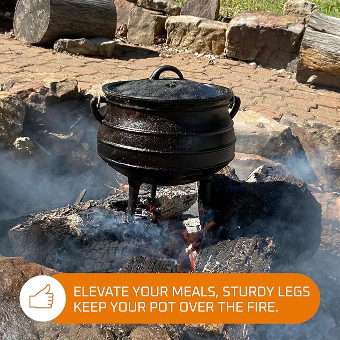 Bruntmor 8-Quart Pre-Seasoned Cast Iron Cauldron - African Potjie Pot with Lid - 3-Legged Pot for Even Heat Distribution - Outdoor Cast Iron Dutch Oven Cookware for Campfire Cooking and Boiling