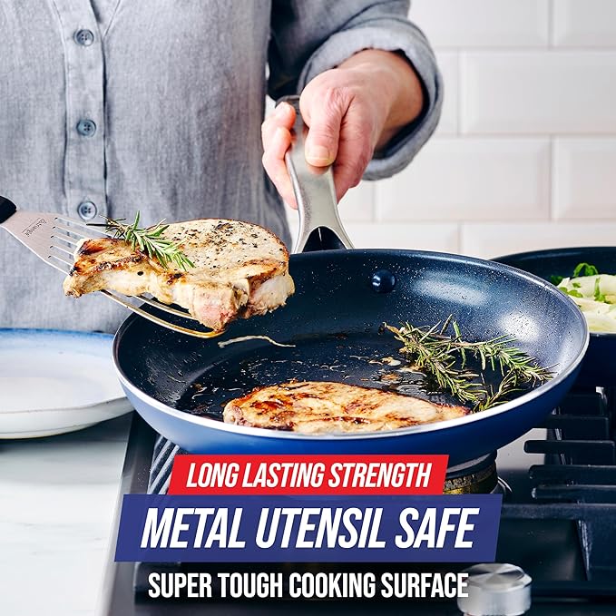 Blue Diamond 12" Nonstick Frying Pan Skillet, Diamond Infused PFAS & PTFE-Free Ceramic Pot, Dishwasher & Oven Safe, Stay Cool Handle, Durable Non Toxic Metal Utensil Safe, Egg & Omelet Pan, Blue