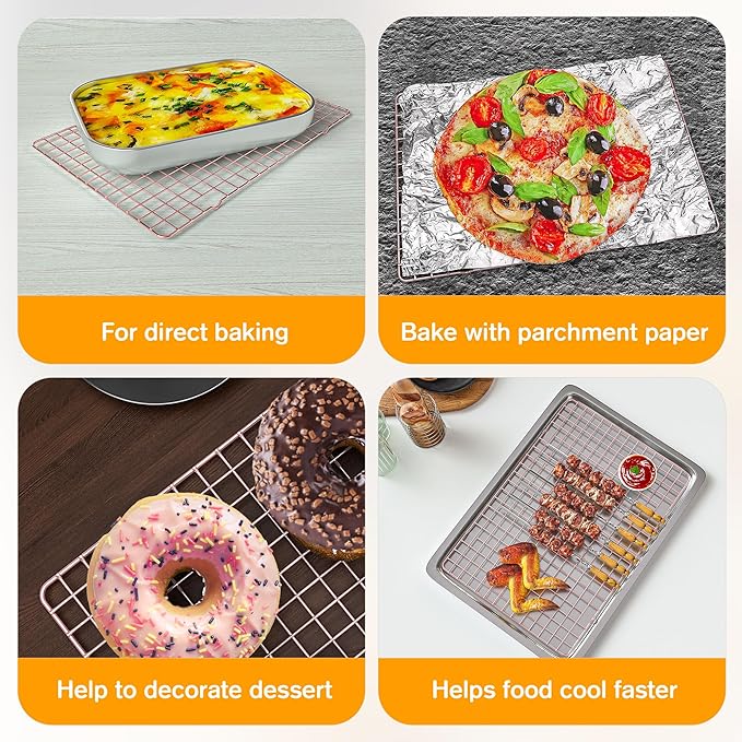 2-Pack Cooling Racks for Cooking and Baking - 10" x 15"Heavy Duty Stainless Steel Wire Rack for Baking, Grilling, Roasting - Oven & Dishwasher Safe - Fits Jelly Roll Sheet Pan（Rose Gold）