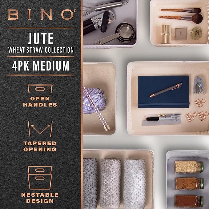 BINO | Woven Plastic Basket | Small (Natural Grey), 4-Pack | THE JUTE COLLECTION | Home Organization, Space - Saving Storage, Stylish Design | Jute Basket | Plastic Storage Basket