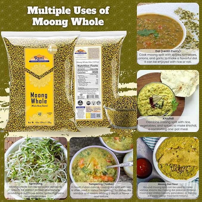 Rani Moong Whole (Ideal for cooking & sprouting, Whole Mung Beans with skin) Lentils Indian 64oz (4lbs) 1.81kg Bulk ~ All Natural | Gluten Friendly | Non-GMO | Kosher | Vegan | Indian Origin