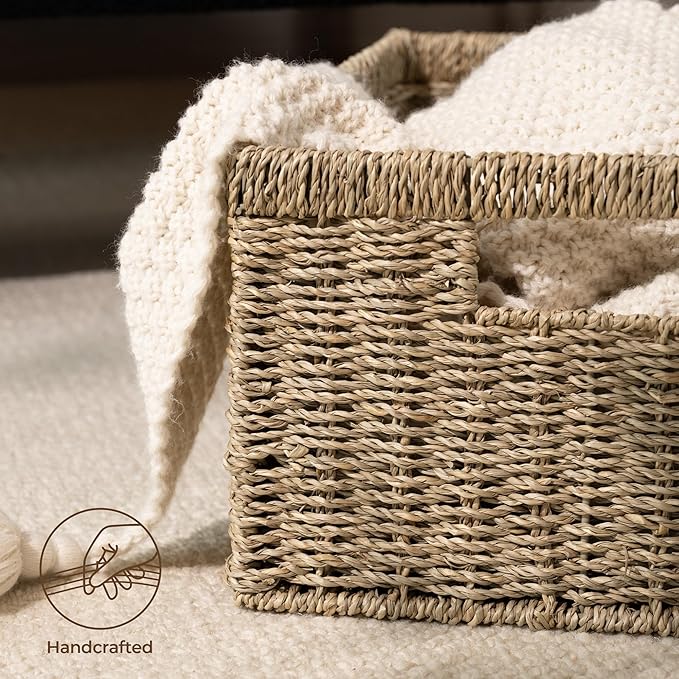 StorageWorks Wicker Storage Baskets, Handwoven Seagrass Basket for Organizing, Decorative Organizers with Built-in Handles, Set of 2
