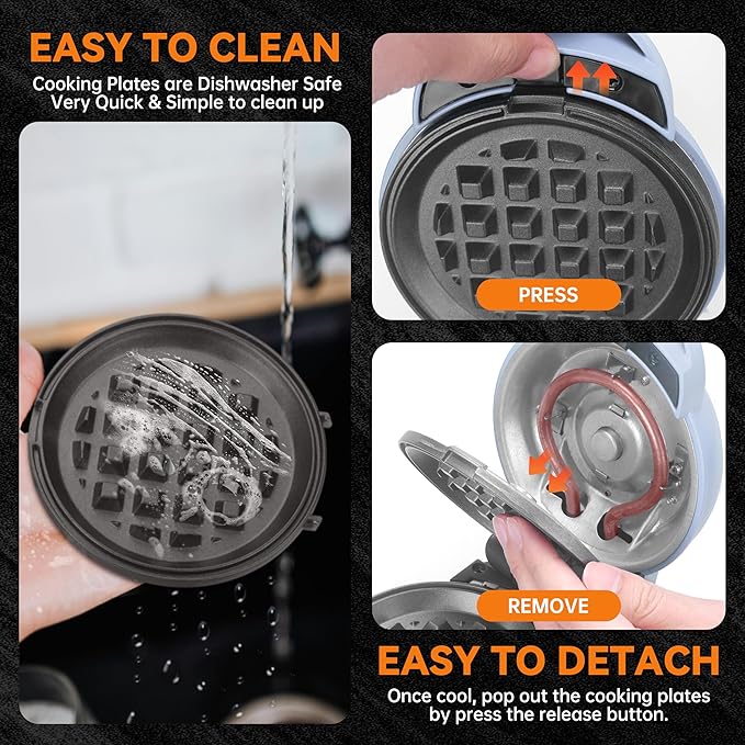 Baker's Friend 4 in 1 Mini Waffle Maker with Removable Plates, Set Includes Mini Pancake, Donut, Heart Shape Waffle Makers, Compact Size, Recipe Included, Blue