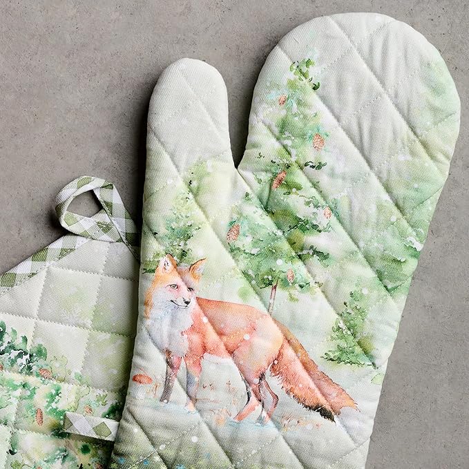 Maison d' Hermine 100% Cotton Oven Mitt & Pot Holder Set (7.5"x13" & 8"x8") Heat Resistant BBQ Cooking Gloves with Loop, Baking, Grilling, Kitchen, Handling Hot Pans (Winter Mornings)