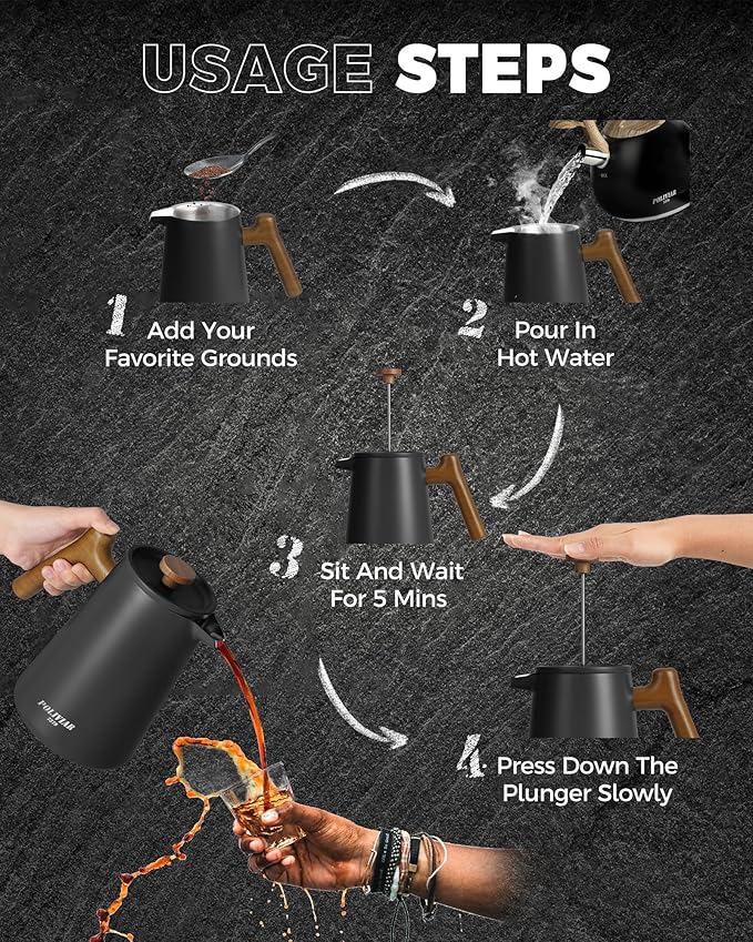 POLIVIAR French Press Coffee Maker, 34 oz Coffee Press with Real Wood Handle, Double Wall Insulation & Dual-Filter Screen, Food Grade Stainless Steel for Good Coffe and Tea, JX2025-XFPB