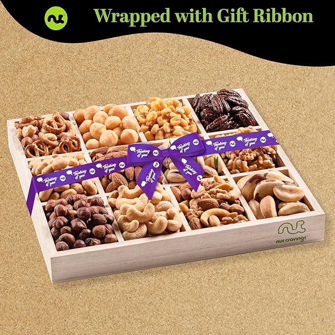 NUT CRAVINGS Gourmet Collection - Thinking of You, Nuts Gift Basket with Thinking of You Ribbon + Greeting Card in Reusable Wooden Tray (12 Assortments) Food Arrangement, Healthy Snack, Food Assortments