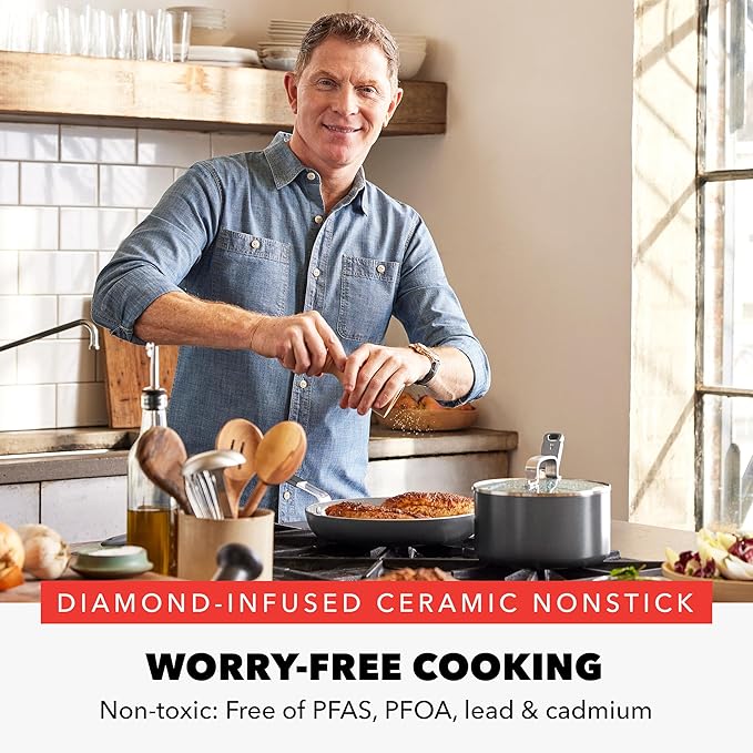 GreenPan x Bobby Flay 13 Piece Nonstick Cookware Pots and Pans Set, PFAS-Free Diamond Ceramic, Induction Suitable, Easy Clean Dishwasher & Oven Safe, Stay-Cool Silicone Handles, Glass Lids, Graphite