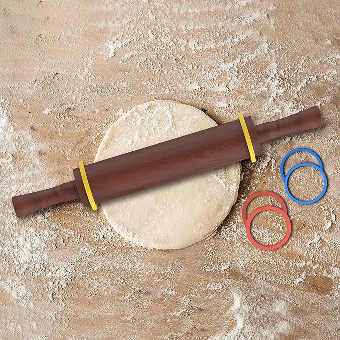 Classic Wooden Rolling Pin with Handle and Pastry Mat for Fondant, Pizza, Pies, Cookies,Rolling Pin for Baking with 3 Multi-Color Thickness Rings,17" x 2.5" (Include handle)