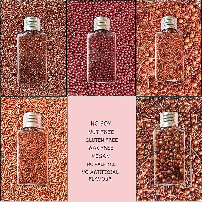 Confect Metallic Sprinkles Mix –Edible Pearl Dragees in Copper, Bronze & Rose Gold – Jimmies & Sparkling Sugar – Elegant Sprinkles for Cake & Cupcake Decorating- Vegan, Gluten-Free, Nut-Free, Soy-Free, Dairy-Free, Palm Oil-Free- 5 Oz