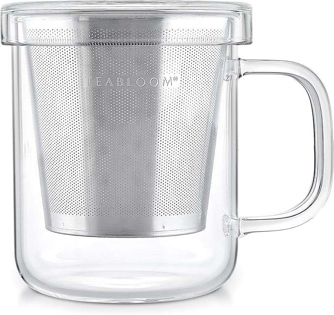Teabloom Premium Borosilicate Glass Mug with Stainless Steel Loose Leaf Tea Infuser and Lid/Dish - 8 Ounces (240 mL)
