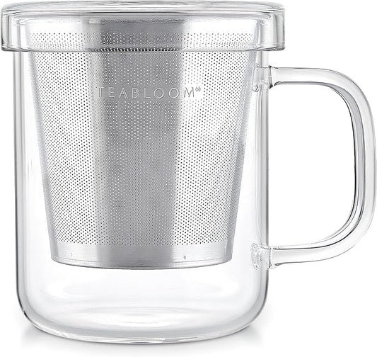 Teabloom Premium Borosilicate Glass Mug with Stainless Steel Loose Leaf Tea Infuser and Lid/Dish - 8 Ounces (240 mL)