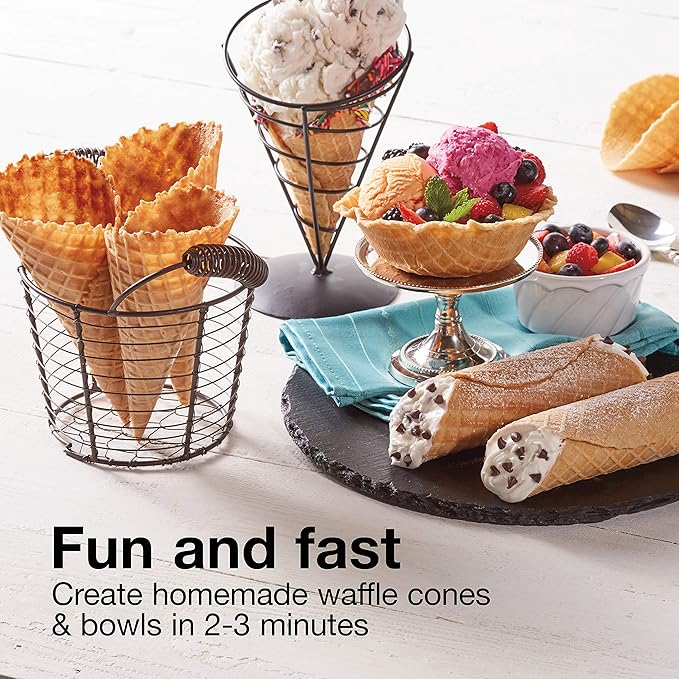 Proctor Silex Waffle Cone and Ice Cream Bowl Maker with Browning Control, Shaper Roller and Cup Press, 7.5” PFAS-Free Nonstick Plates, White (26410MN)