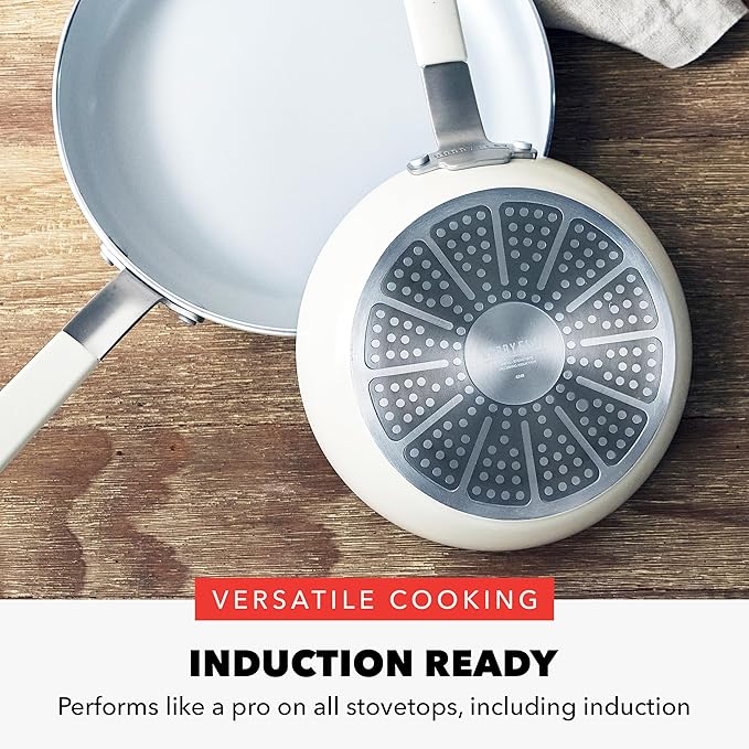 GreenPan x Bobby Flay 13 Piece Cookware Pots and Pans Set and 8" Chef's Knife. PFAS & PFOA-Free Ceramic Nonstick, Induction Suitable, Stay-Cool Silicone Handle, Dishwasher & Oven Safe, Cream