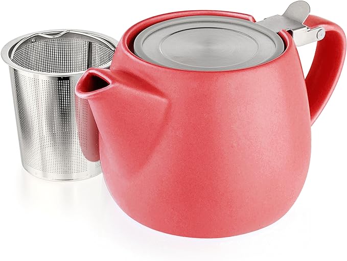 Tealyra - Pluto Porcelain Small Teapot Red - 18.2-ounce (1-2 cups) - Matte Finish - Stainless Steel Lid and Extra-Fine Infuser To Brew Loose Leaf Tea - 540ml