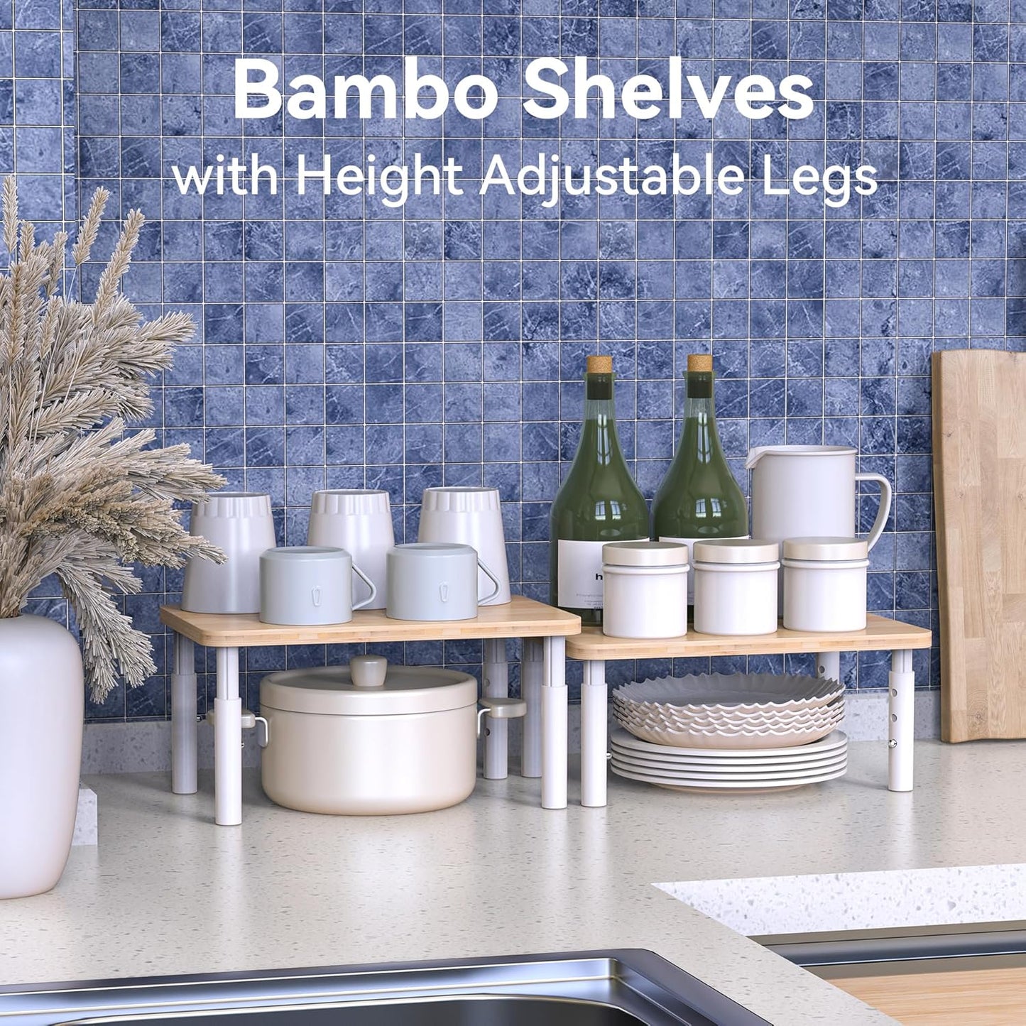 Cabinet Organizer Shelf, Spice Rack Set of 2 Kitchen Pantry Cupboard Shelves, Stackable, Height Adjustable, Natural Bamboo (11.7" Wx77.Dx6.57 H per Pack)