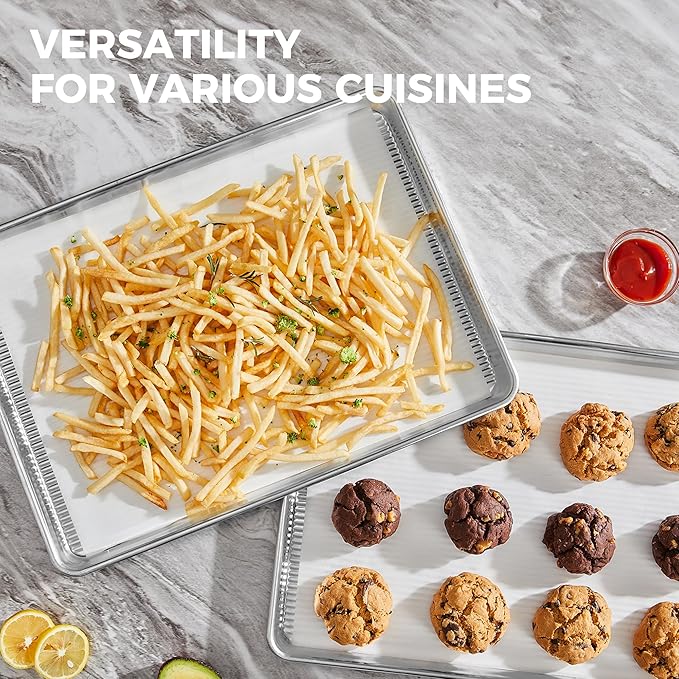 HONGBAKE Aluminum Cookie Sheets for Baking, 2-Pack Commercial Quality Half Sheet Pan, Baking Sheets Non Stick with 50 PCS Parchment Paper, 12.8 x 17.7 in, Silver