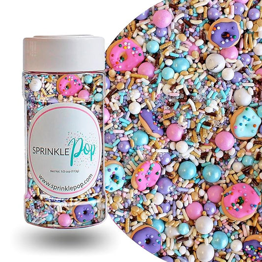 Sprinkle Pop Donut Sprinkle Mix| Lavender White Gold Pink Blue Sprinkle Mix with ~12 Sprinkled Donuts Royal Icings| Birthday Decorating Sprinkles Made in USA for Cupcakes Cakes Cookies Donuts, 4oz