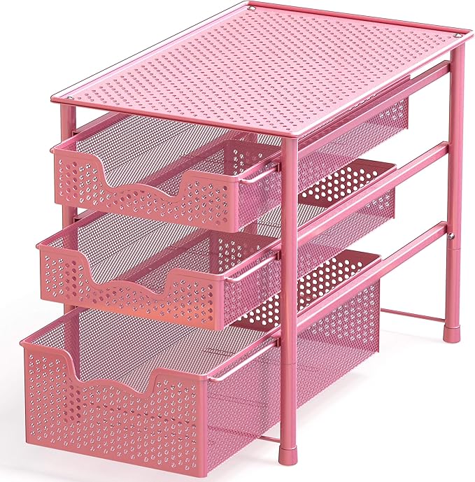 Simple Houseware Stackable 3 Tier Sliding Basket Organizer Drawer, Pink