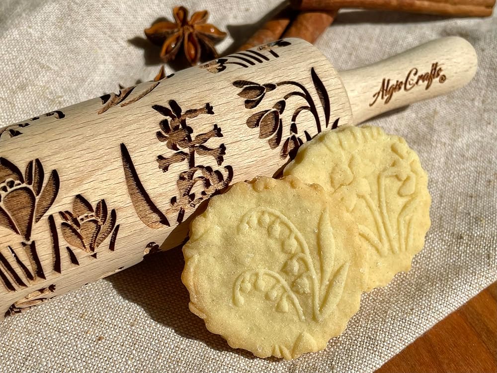 SEASONS 3 Mini Embossed Rolling Pin Set. Wooden Laser Cut Mini Rolling Pins for cookies or clay with spring flowers, tulips, daffodils, strawberries, raspberries, birch, trees by Algis Crafts