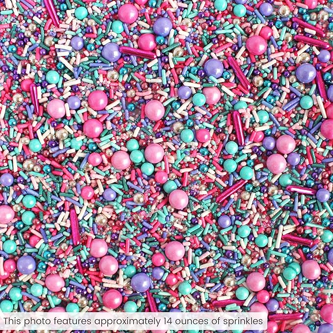 Sprinkle Pop Mermaid Glam Sprinkle Mix| Pink Aqua Fuchsia Lavender Purple Sprinkles with Silver Metallic Dragees| Decorating Sprinkles Made in USA for Girl Birthday Cupcakes Donuts Cakes Cookies, 4oz