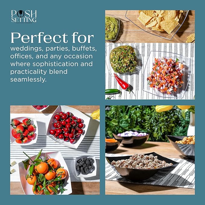 Posh Setting - Black Plastic Serving Bowls (16oz - 4 Pack) Square, Disposable, Salad & Fruit Bowls for Party Table, Candy Containers for Candy Buffet